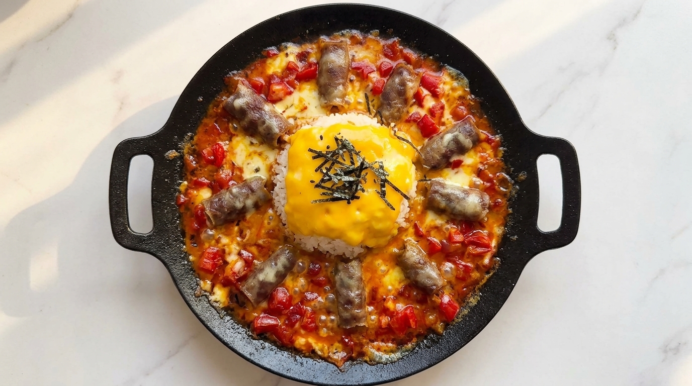 Japanischer Schmelzkäse-Reis mit Tomate und Rindfleisch