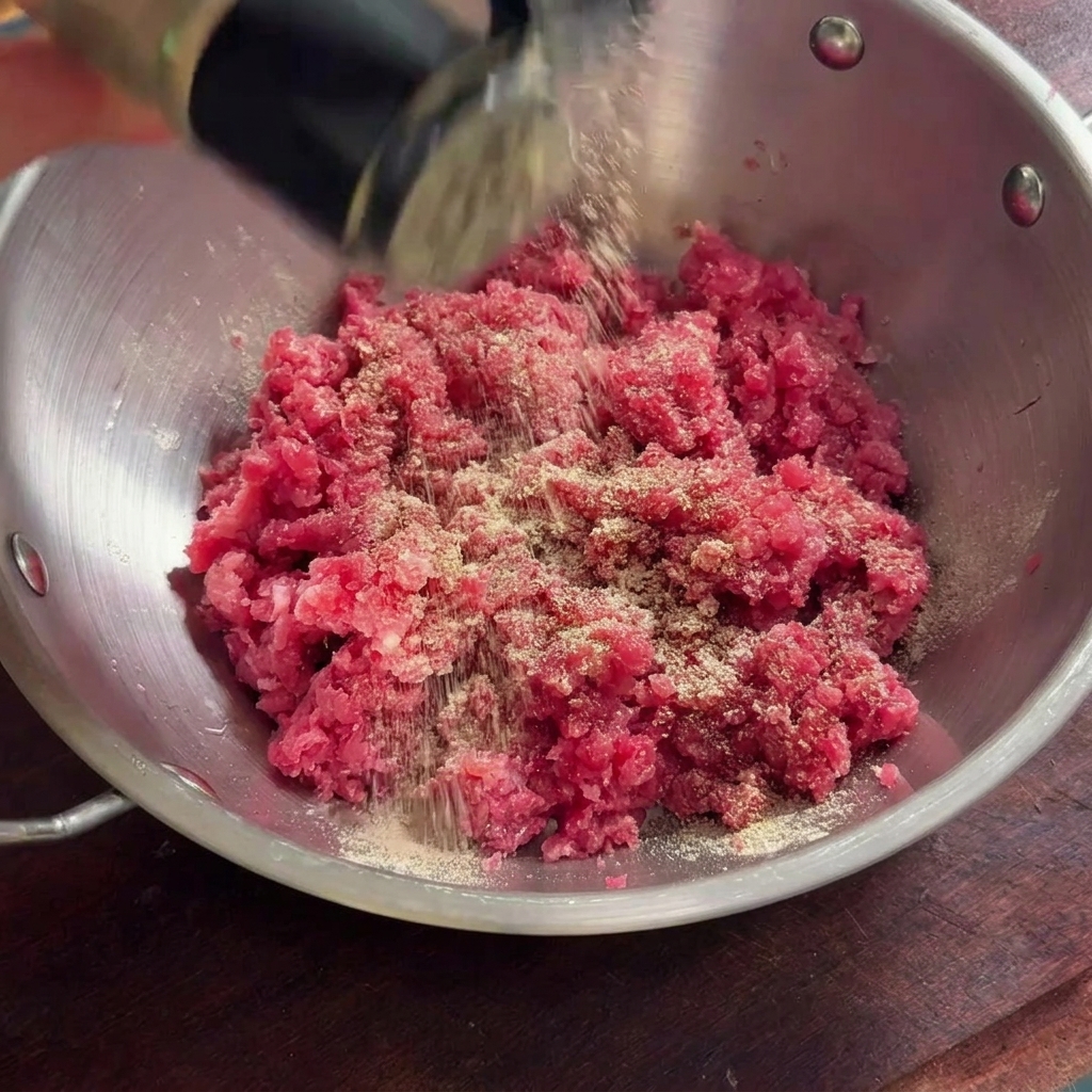 Schwarzer Pfeffer und heller Kochwein werden in einer Edelstahlschüssel über das rohe Rinderhackfleisch gegossen.