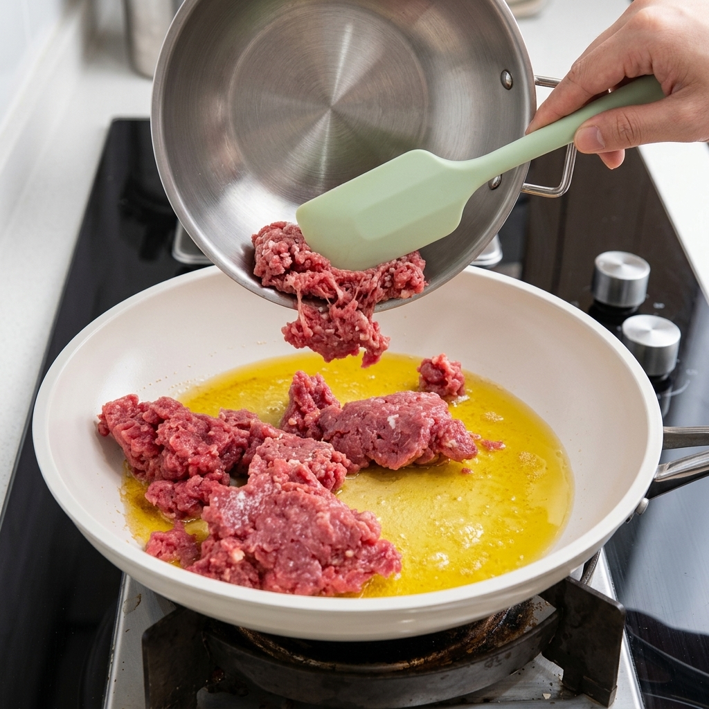 Rohes Rinderhackfleisch wird aus einer Metallschüssel in die Pfanne mit der geschmolzenen Butter gegeben.