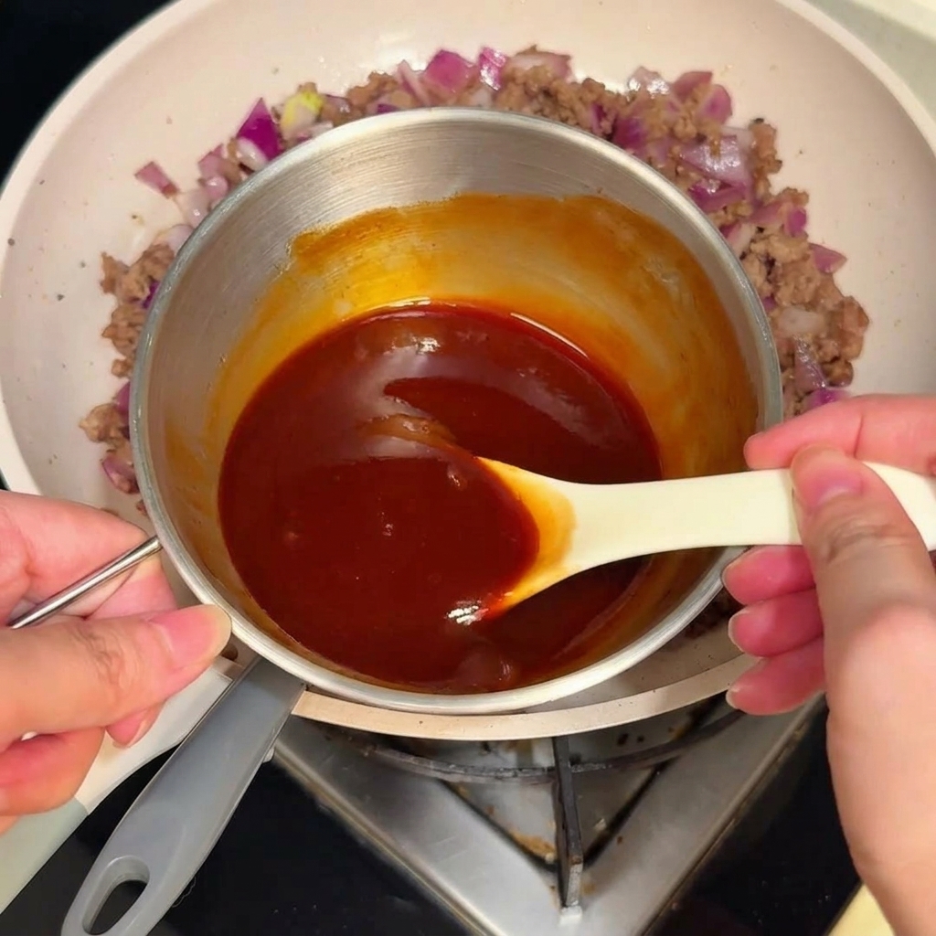 Eine dicke, rote Sauce wird in einem kleinen Stieltopf aus Edelstahl mit einem weißen Löffel umgerührt.