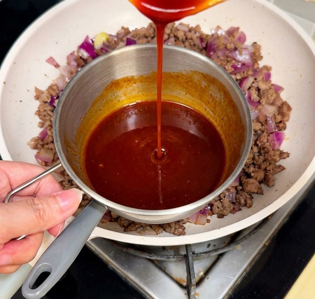 Eine dunkle, rote Sauce wird aus einem kleinen Topf in eine weiße Pfanne zu dem gebratenen Hackfleisch und den roten Zwiebeln gegossen.