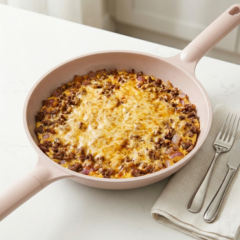 Eine weiße Pfanne auf der Arbeitsplatte mit einer Fleisch-Ei-Basis, belegt mit gelben Cheddar-Scheiben und geriebenem weißen Mozzarella.