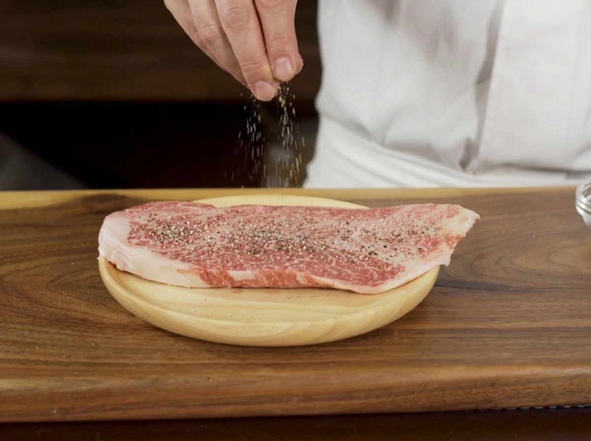 Eine Hand streut Salz und gemahlenen Pfeffer auf ein dicke, rohes, marmoriertes Steak, das auf einem Holzbrett liegt.