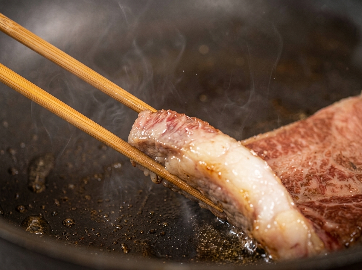 Holzstäbchen wenden ein scharf angebratenes Rindersteak in der Pfanne und legen die tiefbraun karamellisierte Unterseite frei.