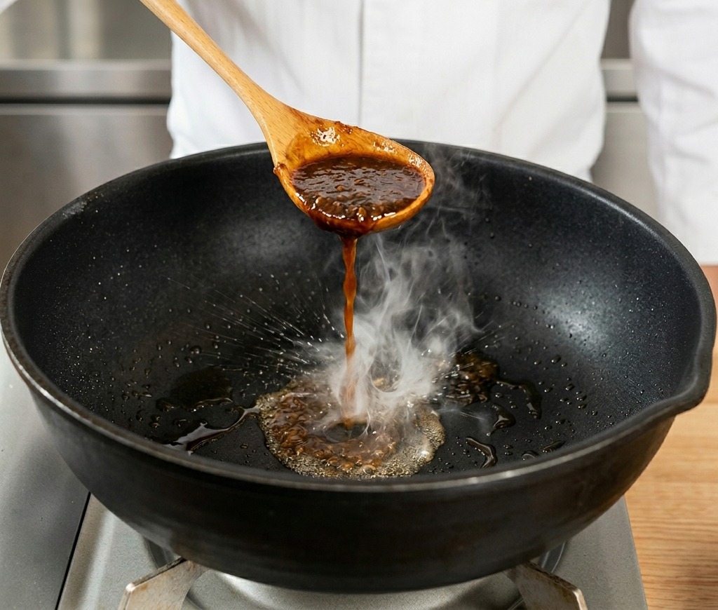 Ein Holzlöffel gießt eine sämige, dunkelbraune Gewürzsauce über ein gebratenes Steak in einer dampfenden schwarzen Pfanne.