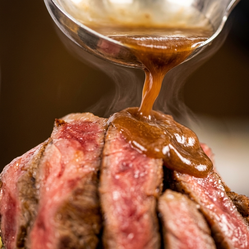 Sämige braune Sauce wird aus einer silbernen Kelle über das in Scheiben geschnittene Medium-Steak gegossen, während Dampf von der heißen Glasur aufsteigt.
