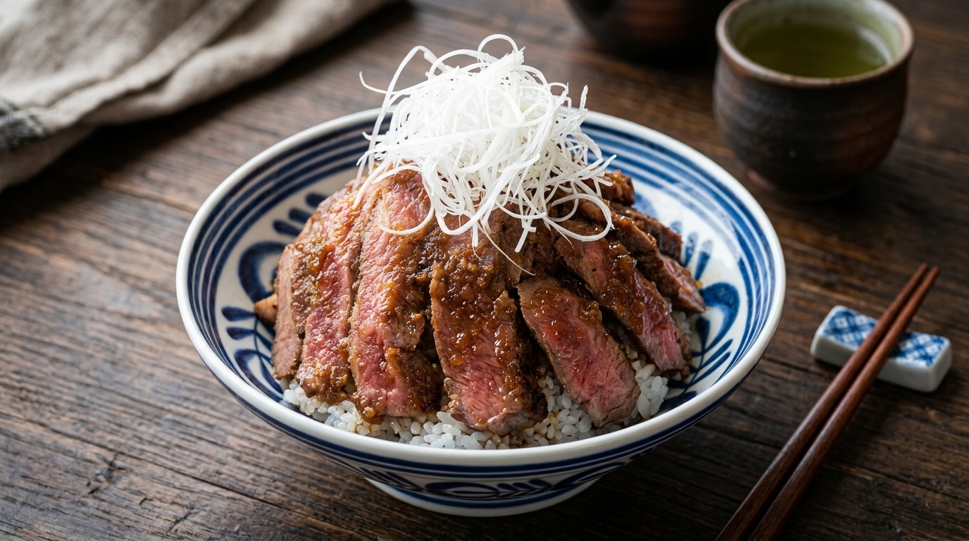 Premium Steak Donburi mit herzhafter Zwiebelglasur (Yakiniku Don)