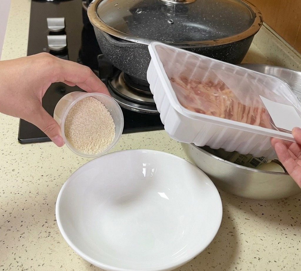 Eine Hand gießt klares Wasser aus einem Kunststoff-Messbecher in eine weiße Schüssel mit ungekochtem weißem Reis.