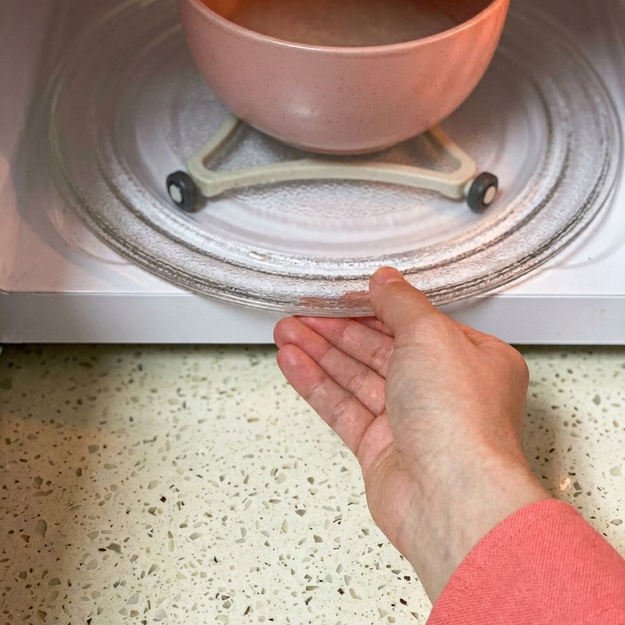 Eine Hand stellt eine rosa Schüssel mit Wasser und Reis auf den Glasdrehteller in einer weißen Mikrowelle.