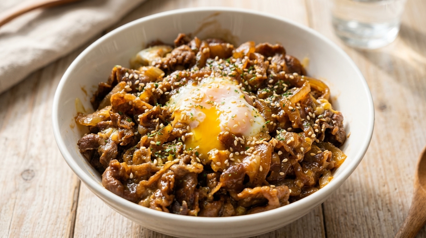 Ein herzhaftes Gyudon aus der Mikrowelle, garniert mit geschmolzenem Käse, einem flüssigen pochierten Ei und geröstetem Sesam.