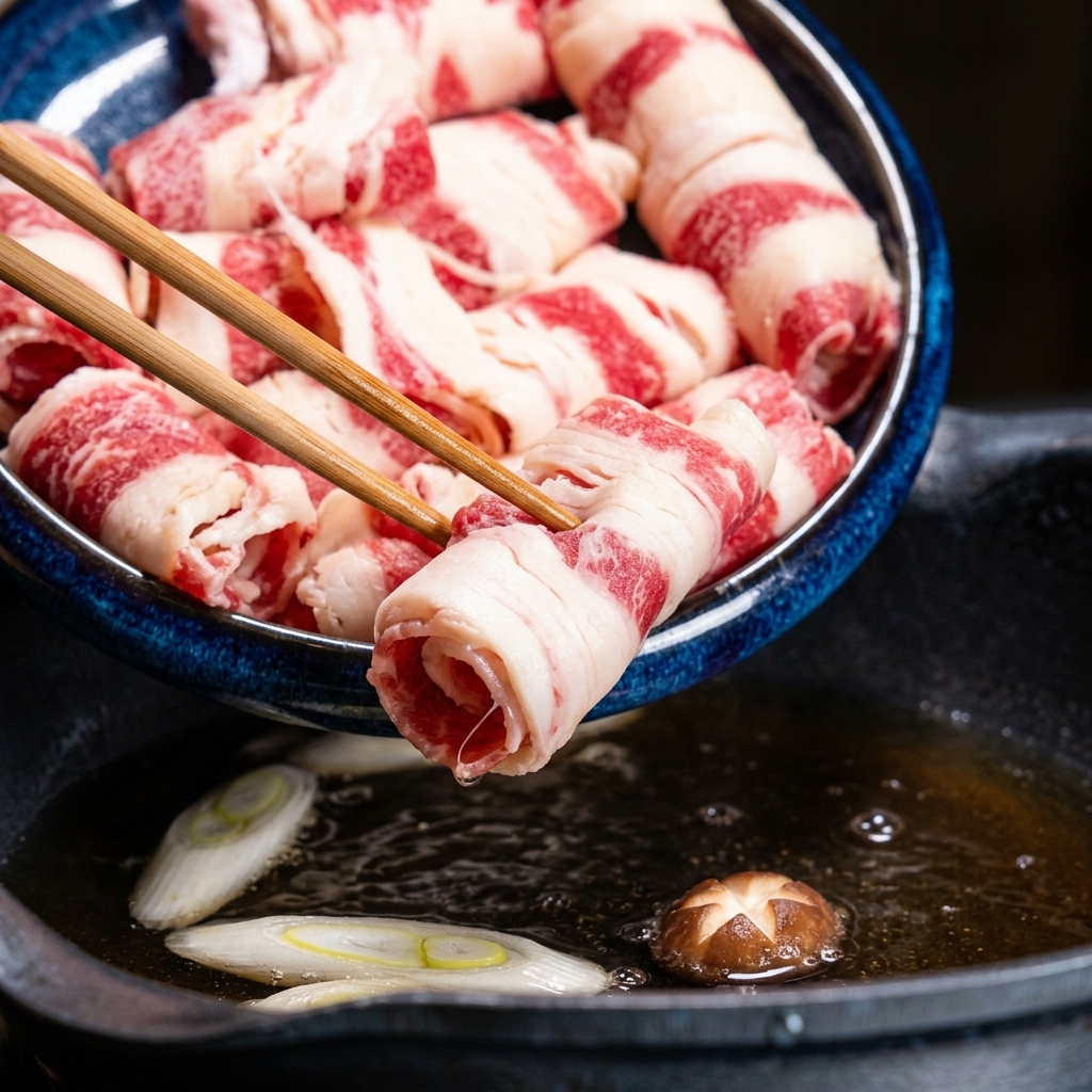 Hauchdünn geschnittenes, rohes Rindfleisch wird mit Holzstäbchen in eine Pfanne mit köchelnder Brühe gegeben.
