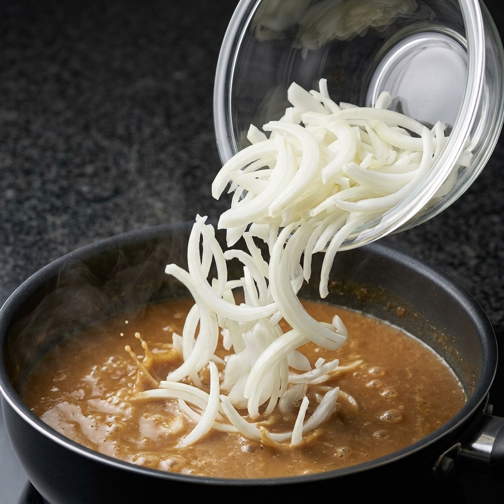 Weiße Zwiebelstreifen fallen aus einer klaren Glasschale in eine Pfanne mit brodelnder, herzhafter Brühe.