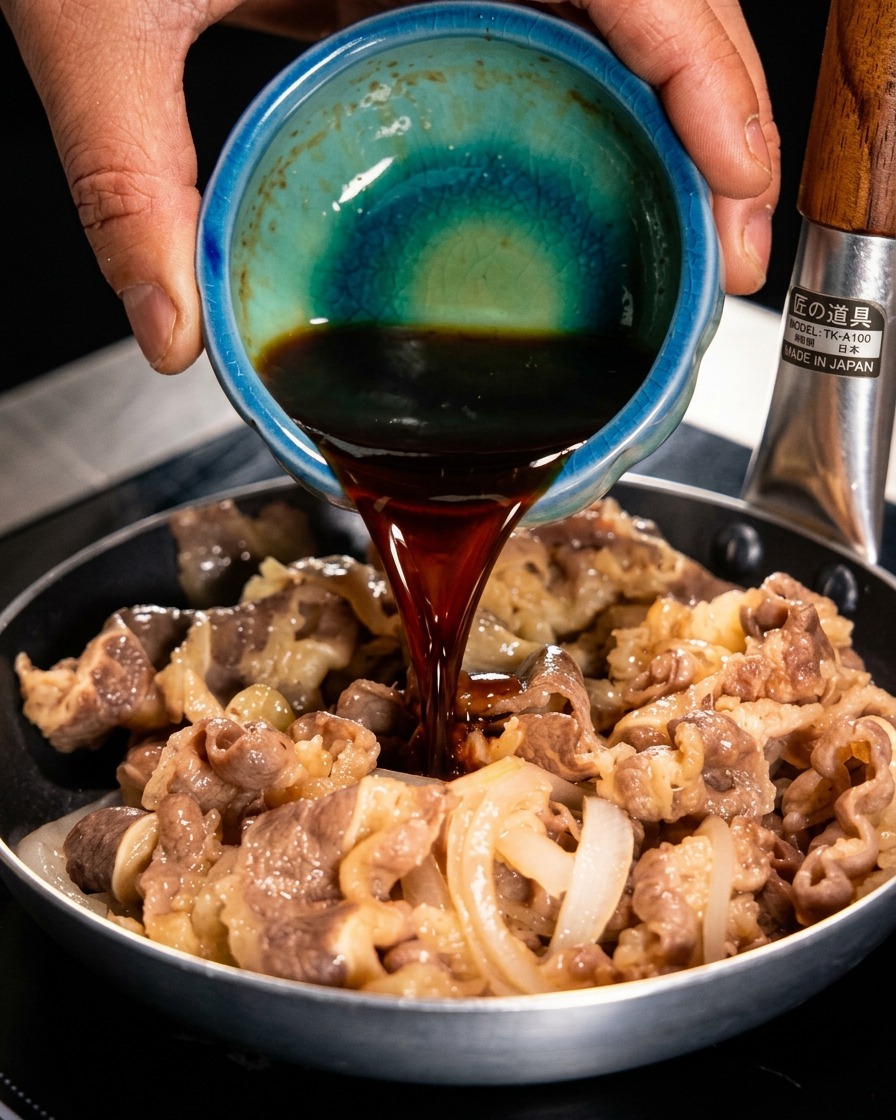 Dunkelbraune Yakiniku-BBQ-Sauce wird aus einer kleinen, blauen Keramikschale über das gegarte Rindfleisch und die Zwiebeln in einer Bratpfanne gegossen.