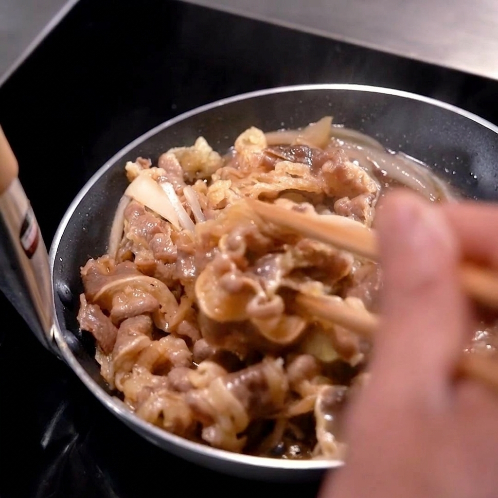 Rindfleischstreifen und Zwiebeln werden in einer Pfanne gerührt, während eine dunkle, glänzende Sauce um sie herum köchelt.