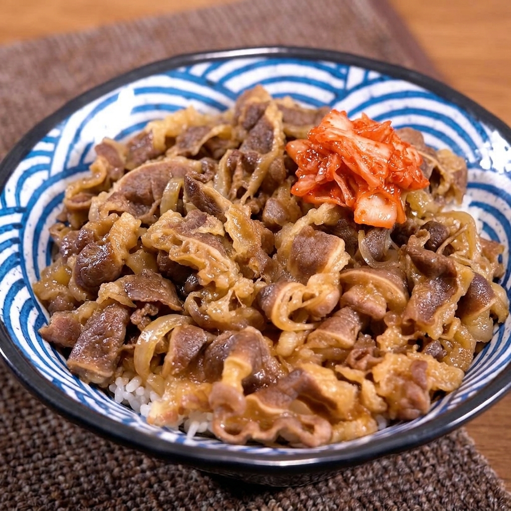 Eine Schüssel mit Rindfleisch und Reis wird mithilfe von Stäbchen mit einer Portion leuchtend rotem Kimchi garniert.