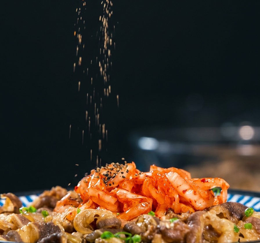 Eine Hand streut schwarzen und weißen Sesam über eine fertig angerichtete japanische Beef Bowl mit Kimchi Topping.
