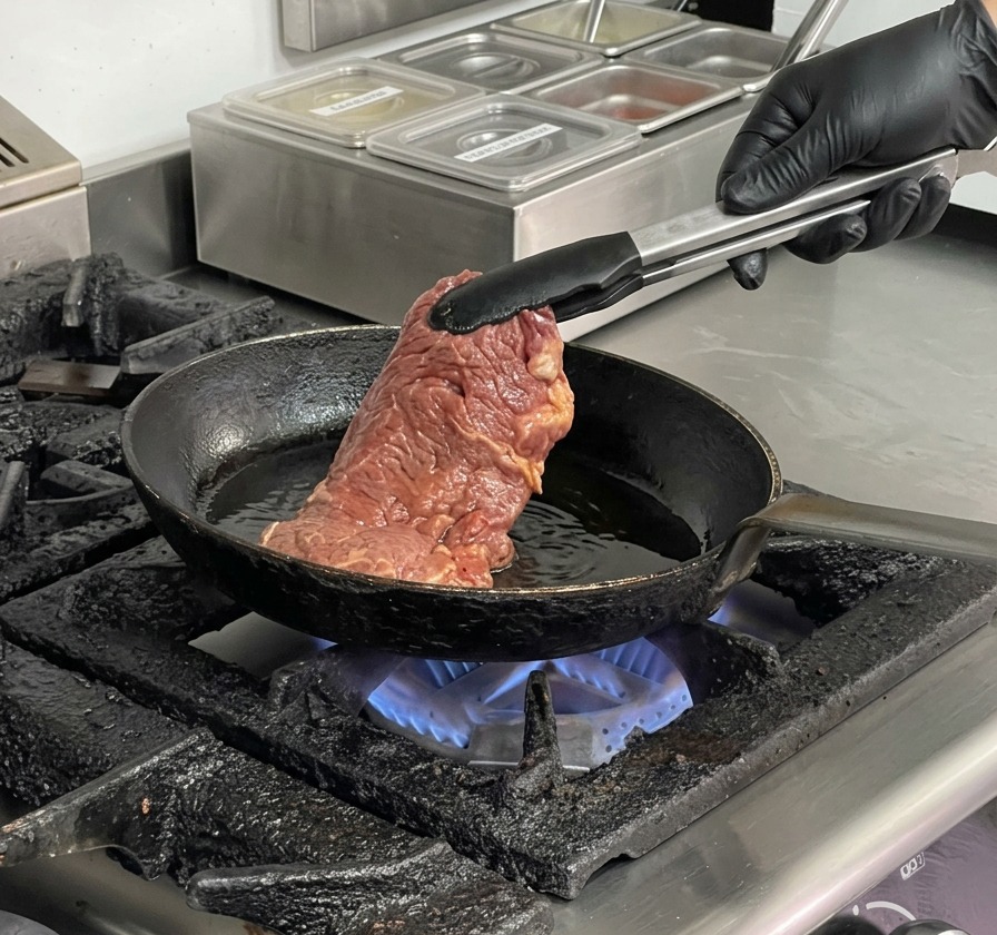 Eine Zange legt rohes, mariniertes Rindfleisch in eine heiße, geölte gusseiserne Pfanne.