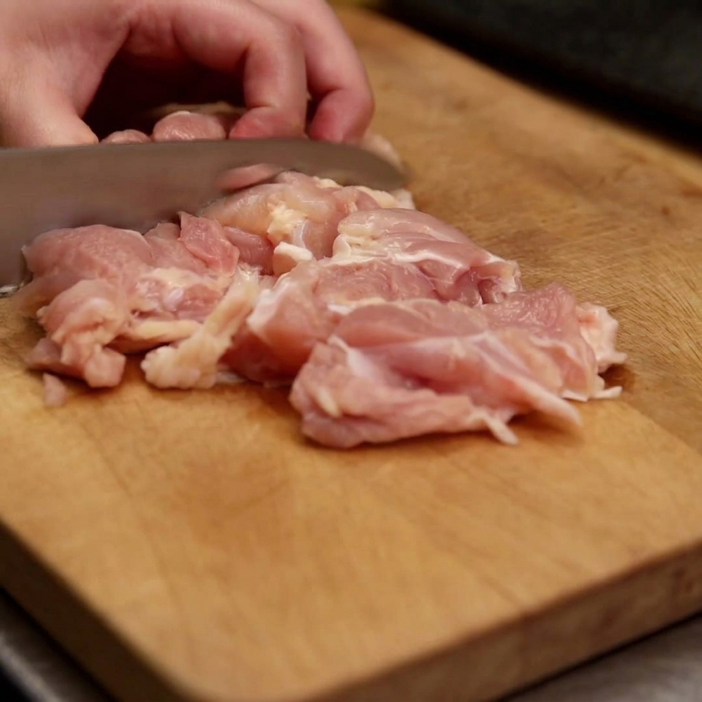 Nahaufnahme von rohem, rosa Hähnchenoberschenkelfleisch, das auf einem Holzbrett in kleine, gleichmäßige Stücke geschnitten wird.