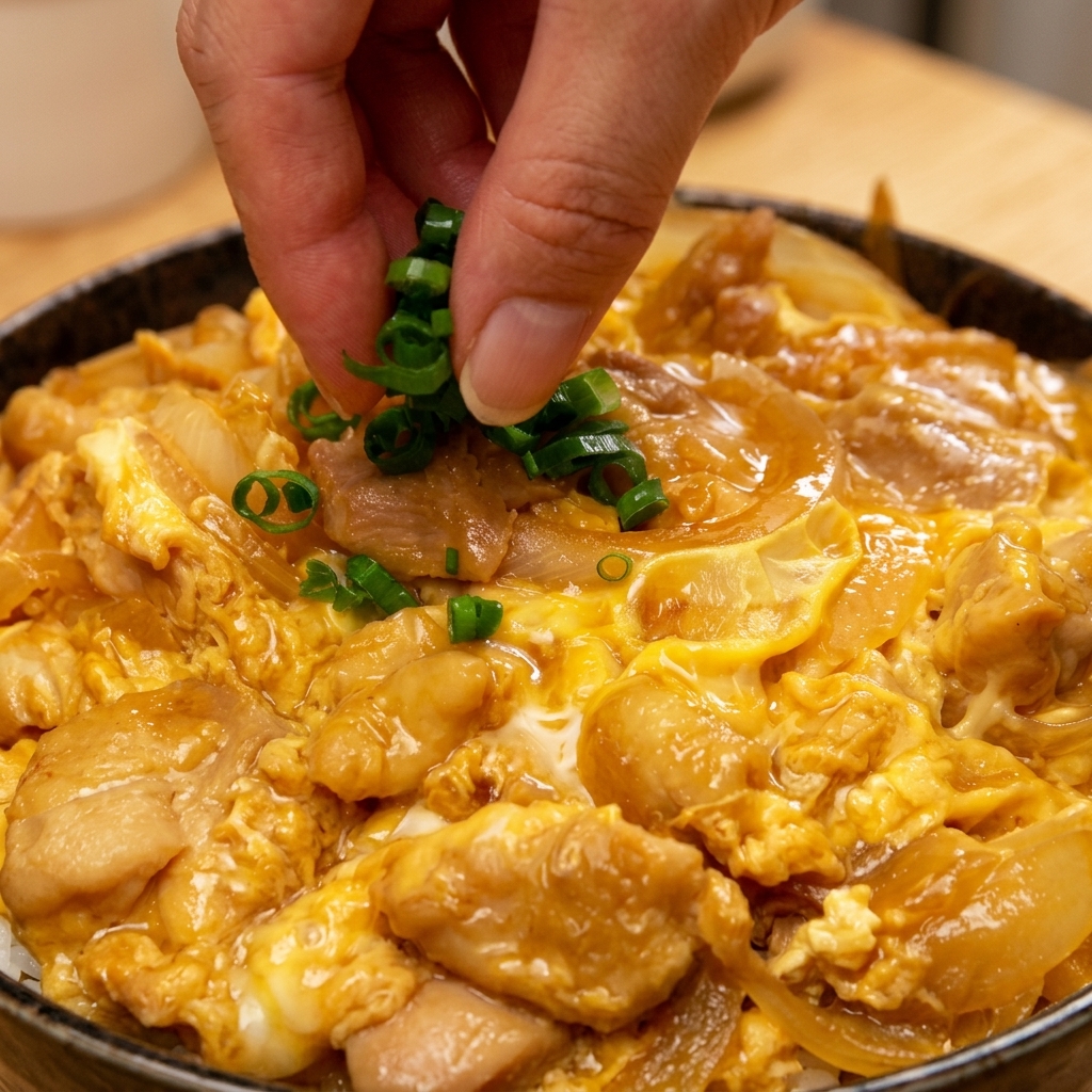 Eine Hand streut fein geschnittene Frühlingszwiebeln über eine dampfende Schale mit fertigem Oyakodon.