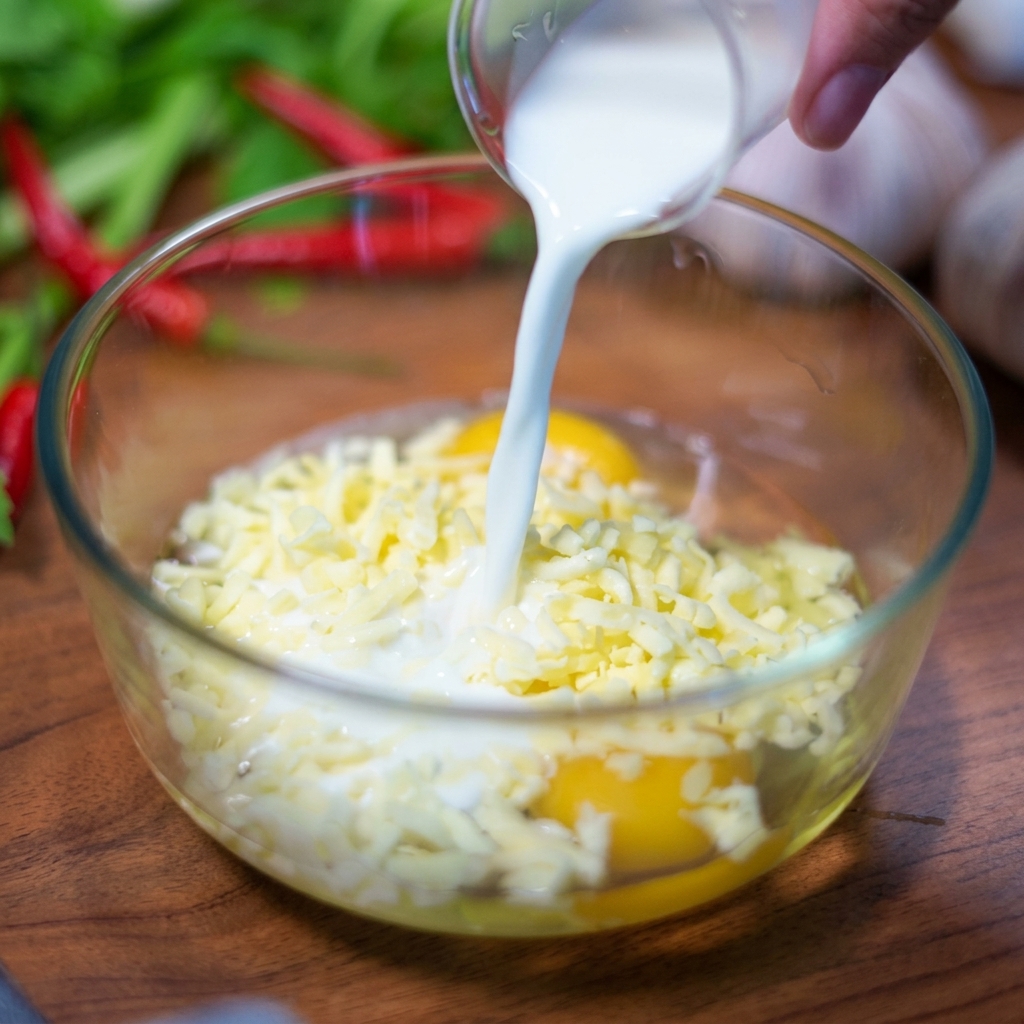 Milch wird aus einem kleinen Kännchen in eine Glasschale mit rohen Eigelben und geriebenem Käse gegossen.