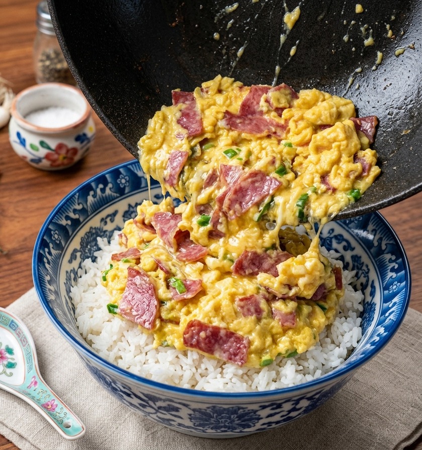 Eine Pfanne wird gekippt, um eine Portion gelbes Rührei mit Speck auf eine Schale mit dampfendem weißem Reis gleiten zu lassen.