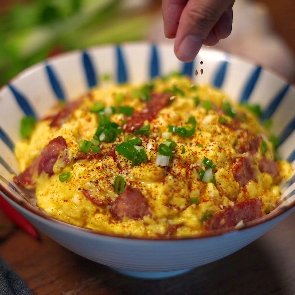 Eine Hand streut geschnittene Frühlingszwiebeln über eine fertige Reisschale mit Speck und Ei.