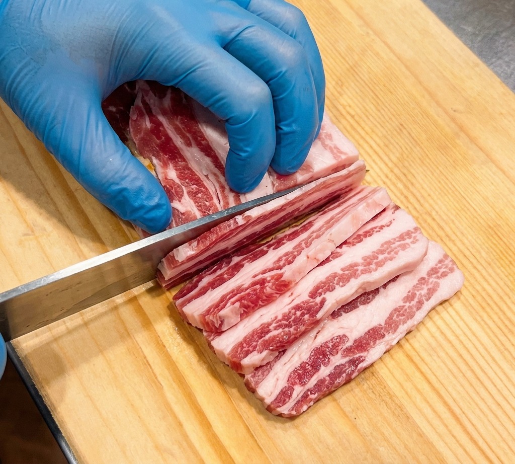 Eine Person mit blauen Handschuhen schneidet rohen Schweinebauch mit einem Kochmesser in dünne Streifen auf einem hellen Holzbrett.