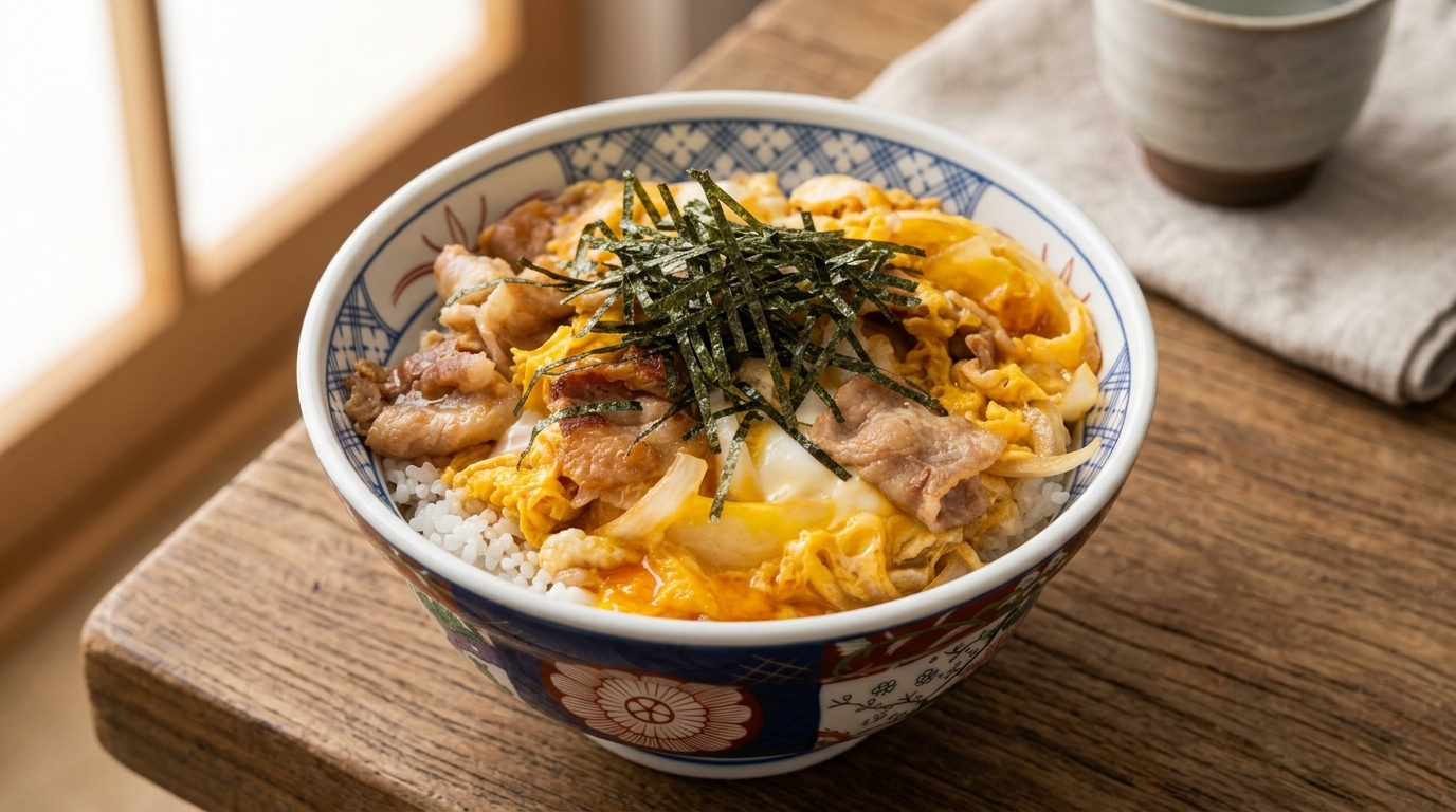Traditionelles Tanindon (Japanische Reisbowl mit Schweinefleisch und Ei)