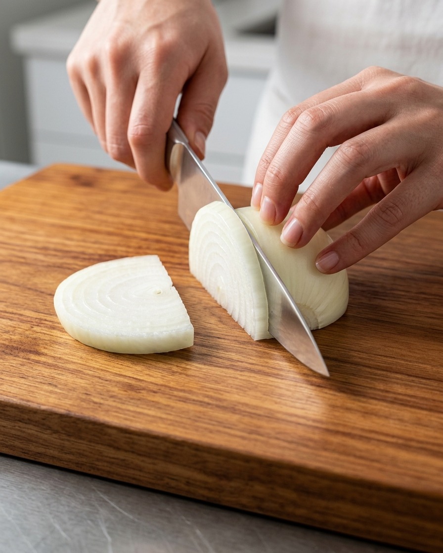Eine Person schneidet eine weiße Zwiebel mit einem Kochmesser auf einem Holzschneidebrett in feine Streifen.