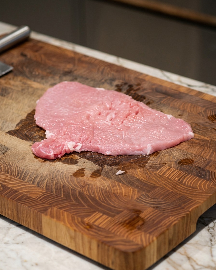 Ein dünnes, plattiertes Stück rohes Schweinefleisch liegt mit sichtbaren Salz- und Pfefferkörnern auf einem Holzbrett.