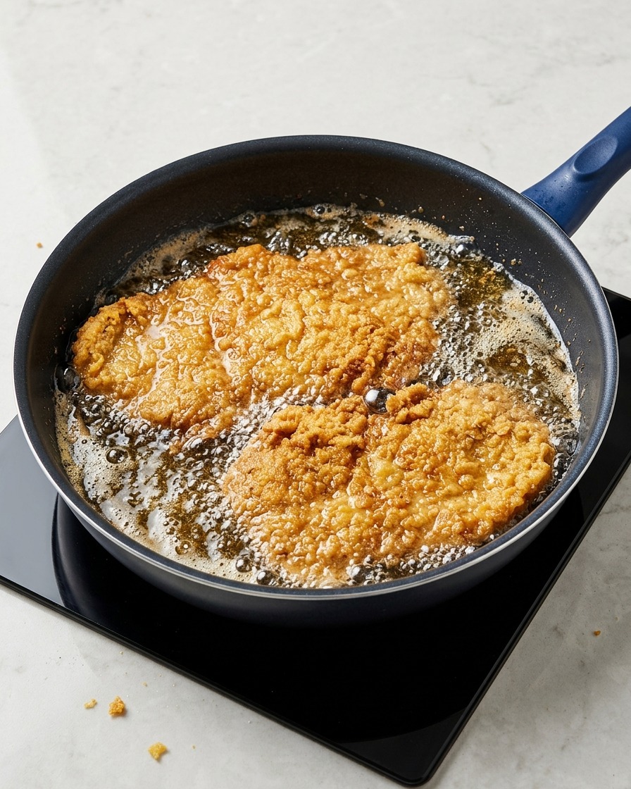Zwei große panierte Schweineschnitzel frittieren in einer Pfanne mit heißem Öl und zeigen eine knusprige, goldbraune Kruste.