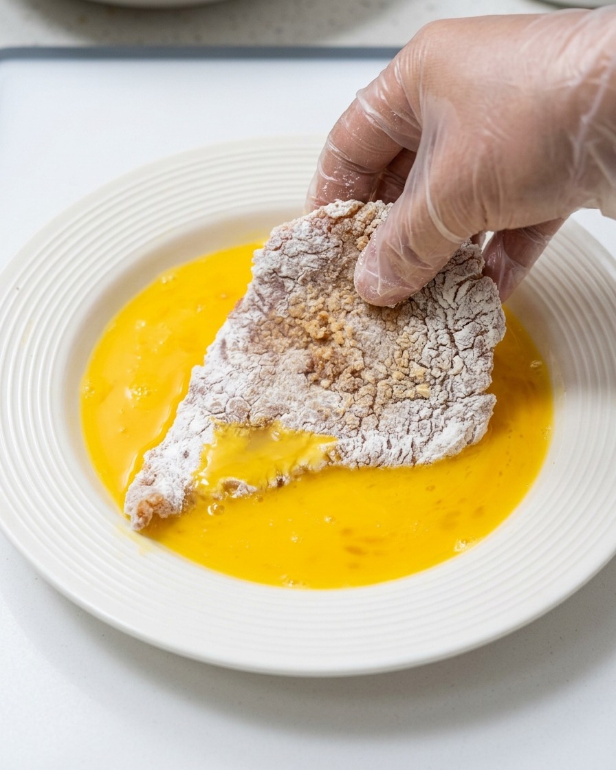 Eine Hand taucht ein mit Stärke bedecktes Schnitzel in einen weißen Teller mit verquirltem gelbem Ei.