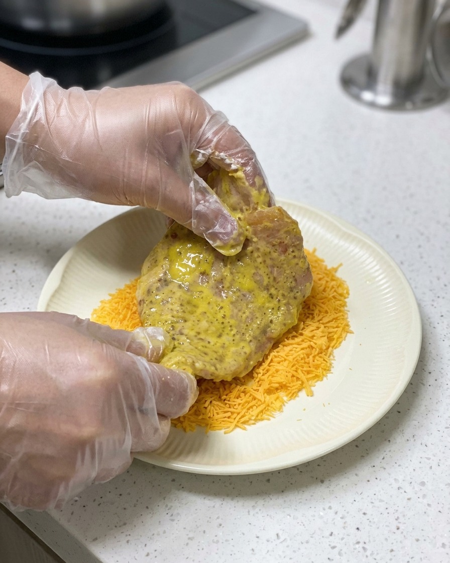 Hände in Plastikhandschuhen drücken ein mit Ei benetztes Schnitzel in einen Teller mit orange-goldenen Panko-Bröseln.