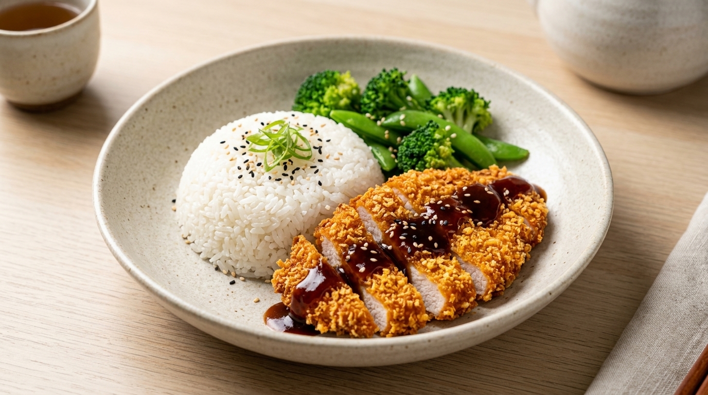 Knusprige Tonkatsu Rice Bowl (Japanisches Schweineschnitzel)