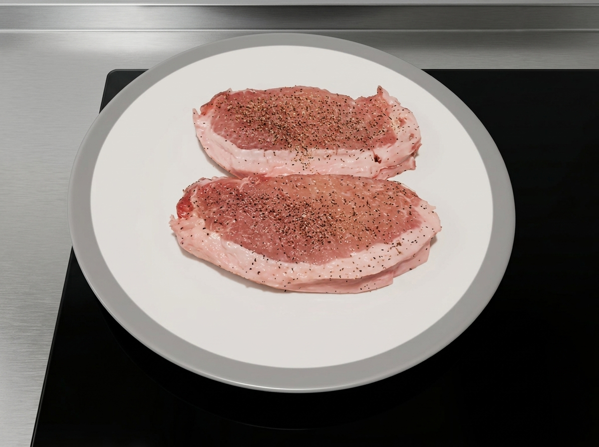 Zwei dick geschnittene, rohe Schweinekoteletts, kräftig mit frisch gemahlenem schwarzen Pfeffer gewürzt, liegen auf einem sauberen weißen Teller.