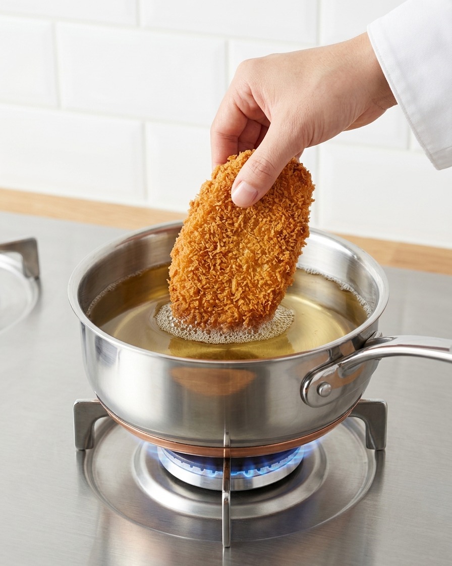 Eine Hand lässt vorsichtig ein golden paniertes Panko-Schweineschnitzel in einen Edelstahltopf mit heißem Frittieröl gleiten.