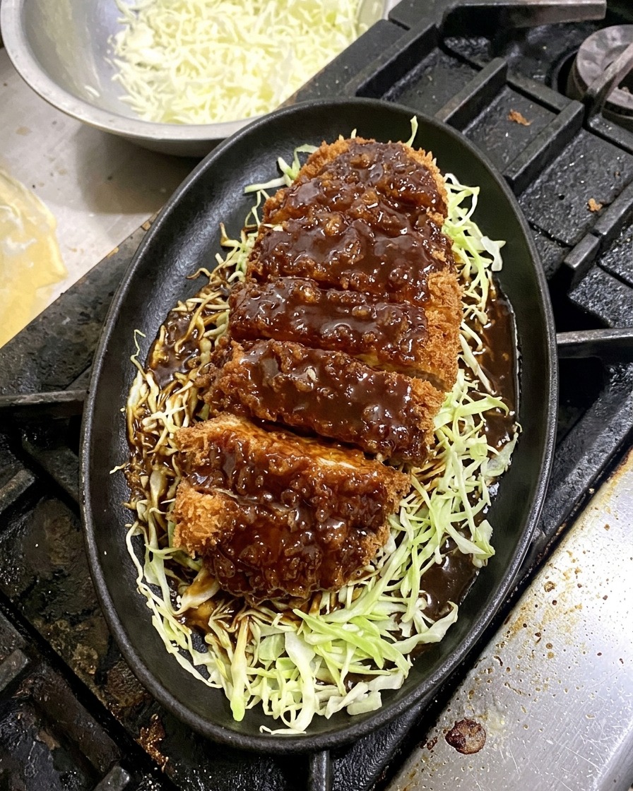 Ein aufgeschnittenes, paniertes Schweineschnitzel liegt auf fein geschnittenem Weißkohl in einer ovalen Gusseisenpfanne und ist teilweise mit einer dicken, dunkelbraunen Miso-Sauce bedeckt.