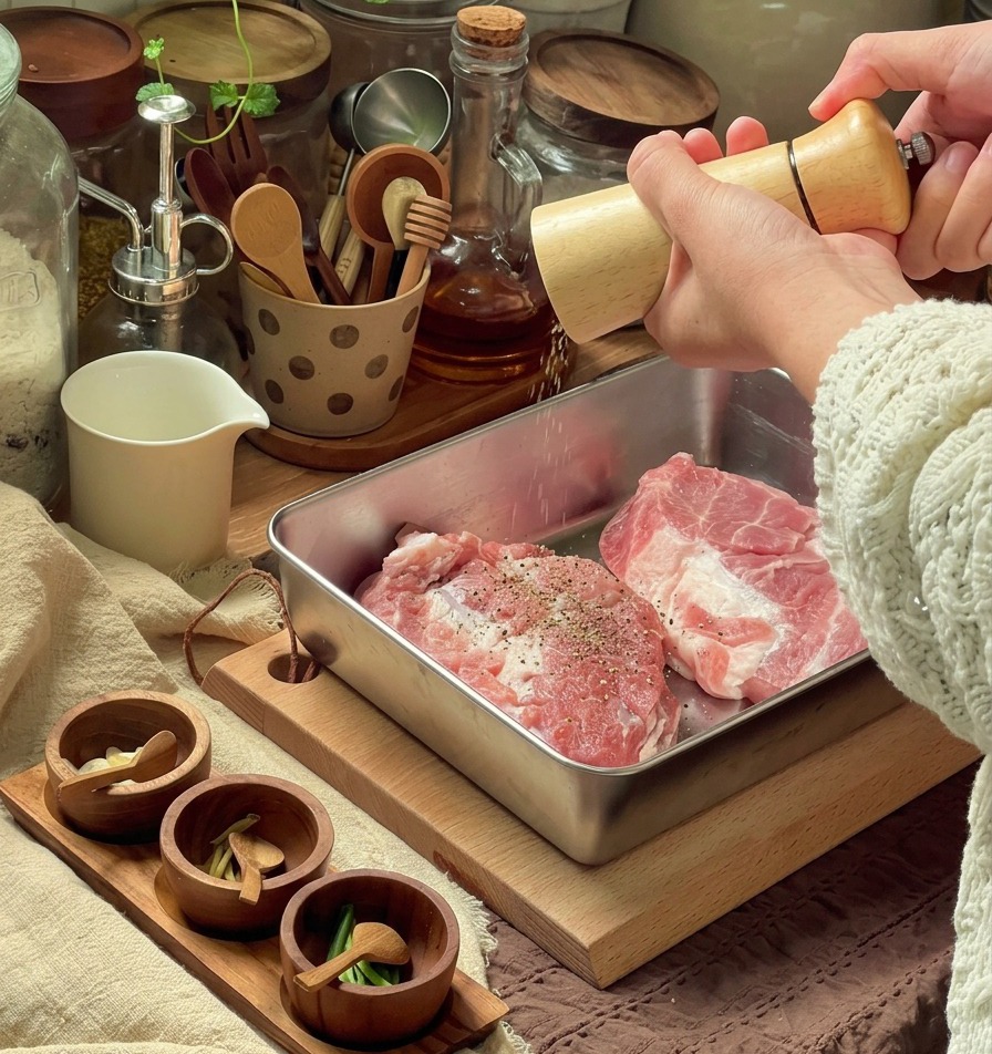 Eine Hand mahlt frischen schwarzen Pfeffer über rohe Schweinekoteletts, die in einer Metallschale mit Salz und Zucker gewürzt werden.