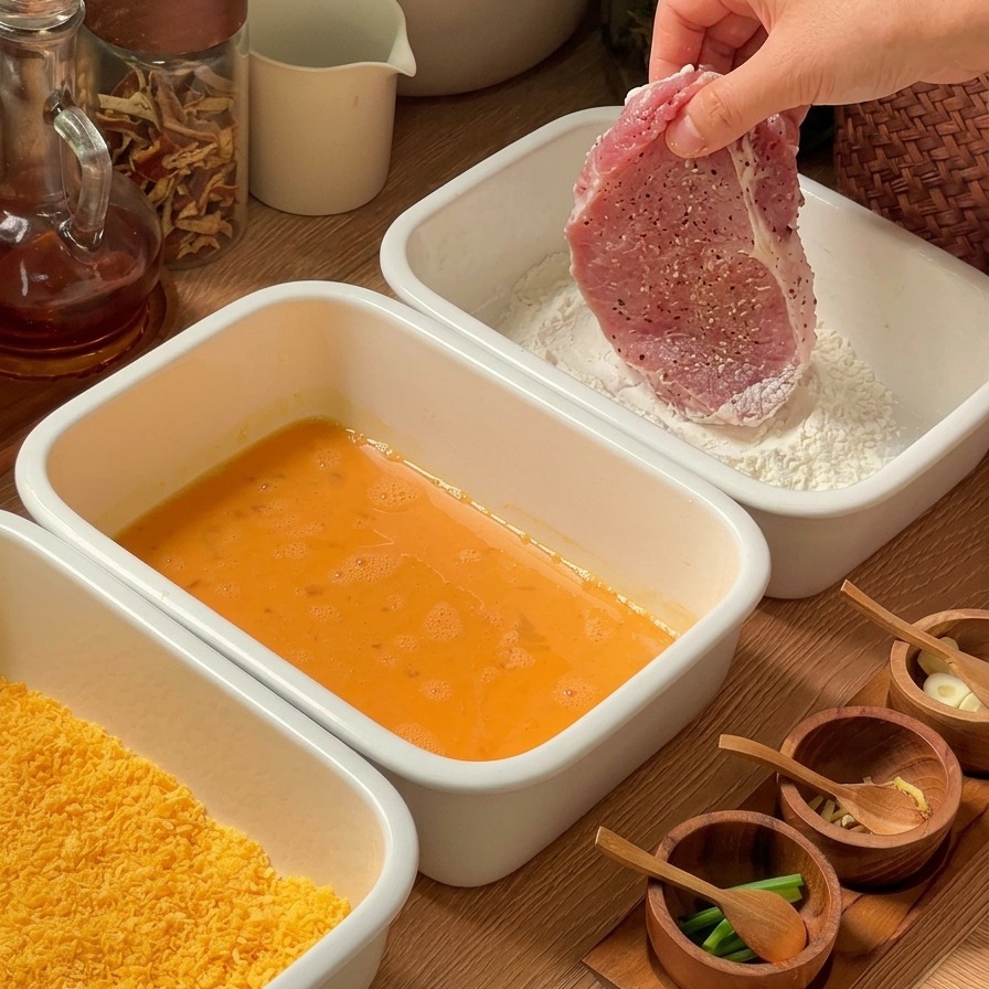 Eine Hand hält ein rohes Schweinekotelett über eine weiße Schale mit Mehl, um den Panierprozess zu starten.