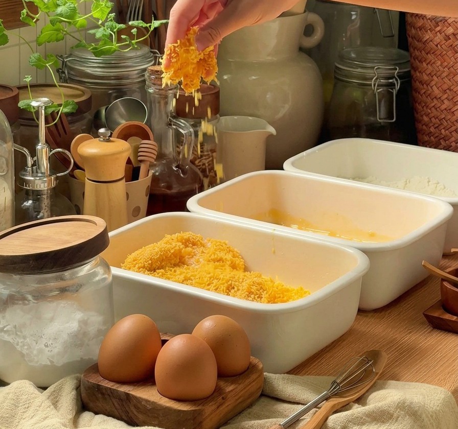 Eine Hand streut goldgelbes Pankomehl über ein mit Ei benetztes Schweinekotelett in einer rechteckigen weißen Schale.