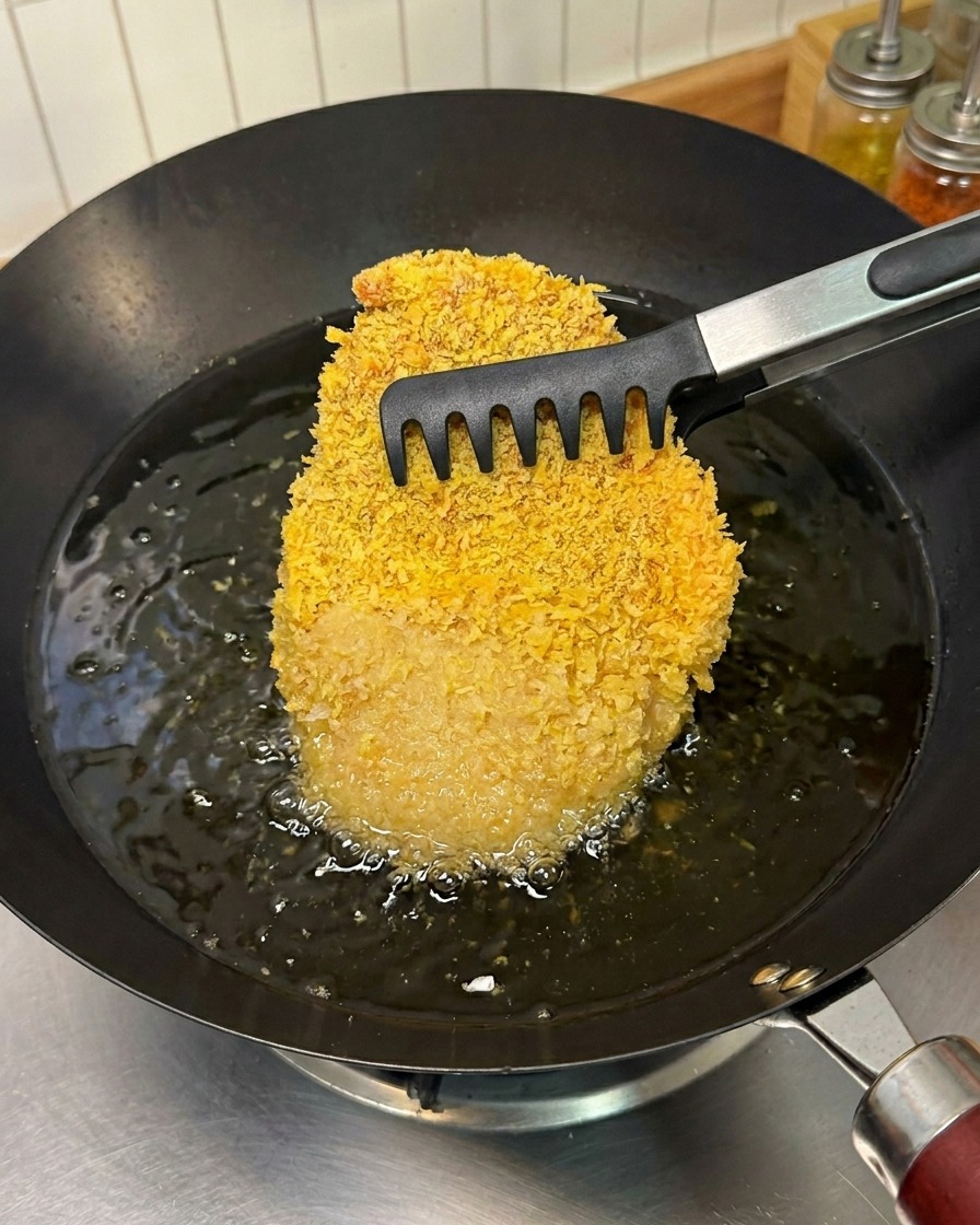 Ein paniertes Schweinekotelett wird mit einer Küchenzange vorsichtig in einen Wok mit sprudelnd heißem Öl gelassen.