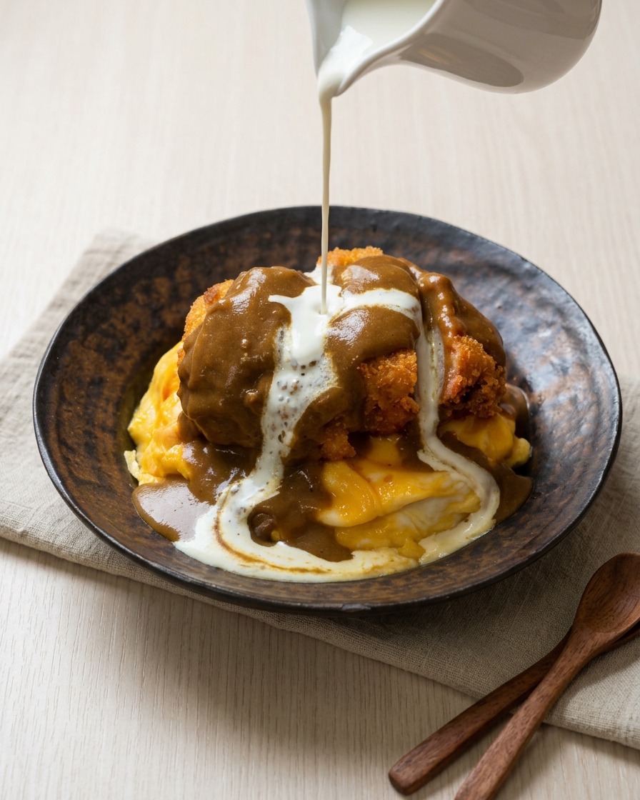Ein dünner Strahl weißer Kokos-Käse-Sauce wird aus einem weißen Keramikkännchen über ein bereits mit Curry bedecktes Schweinekotelett gegossen.
