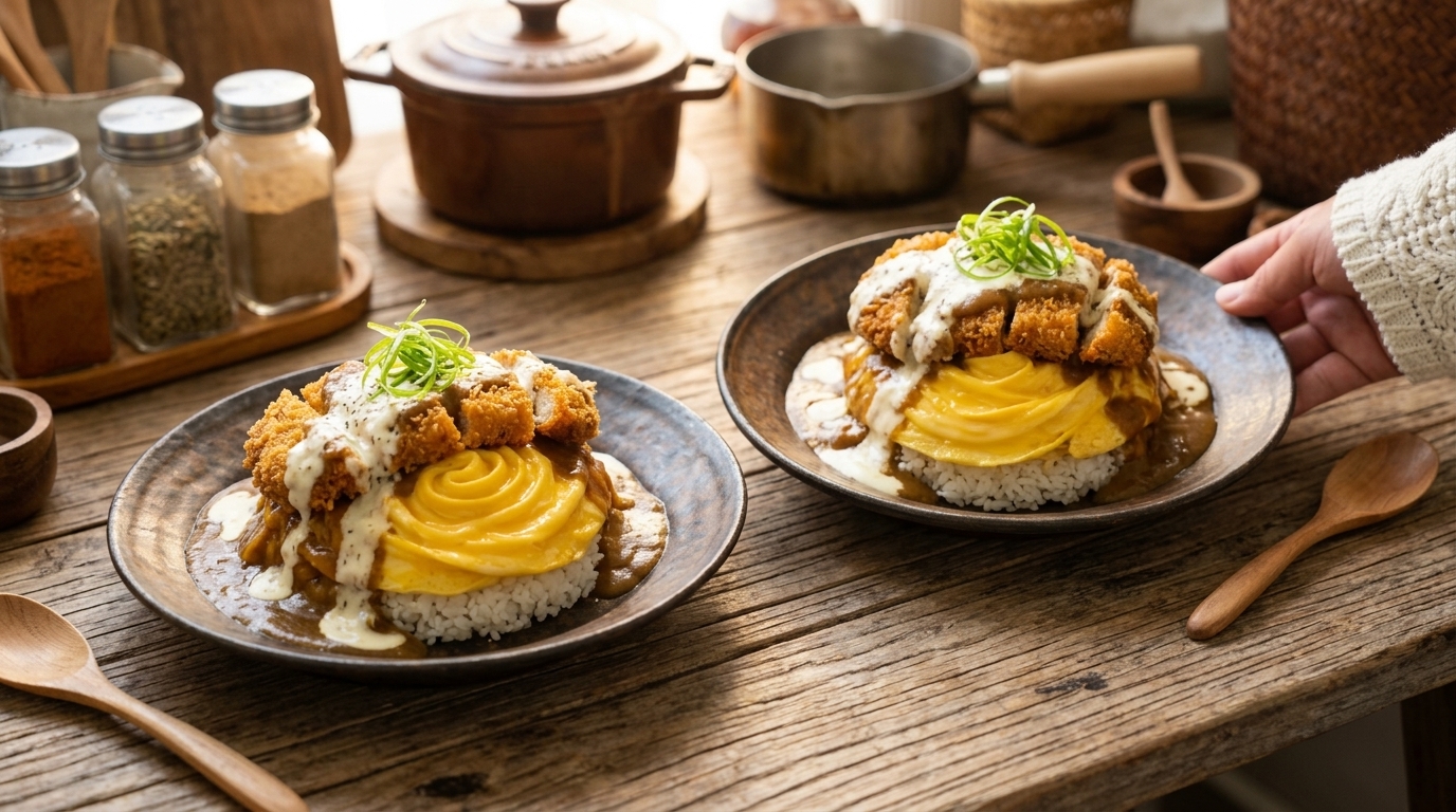 Wasserfall-Curry mit knusprigem Schweinekotelett, Tornado-Omelett und Bananen-Latte