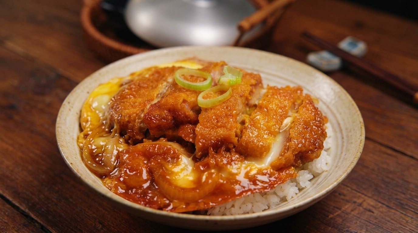 Klassisches japanisches Katsudon (Reisbowl mit knusprigem Schweineschnitzel)