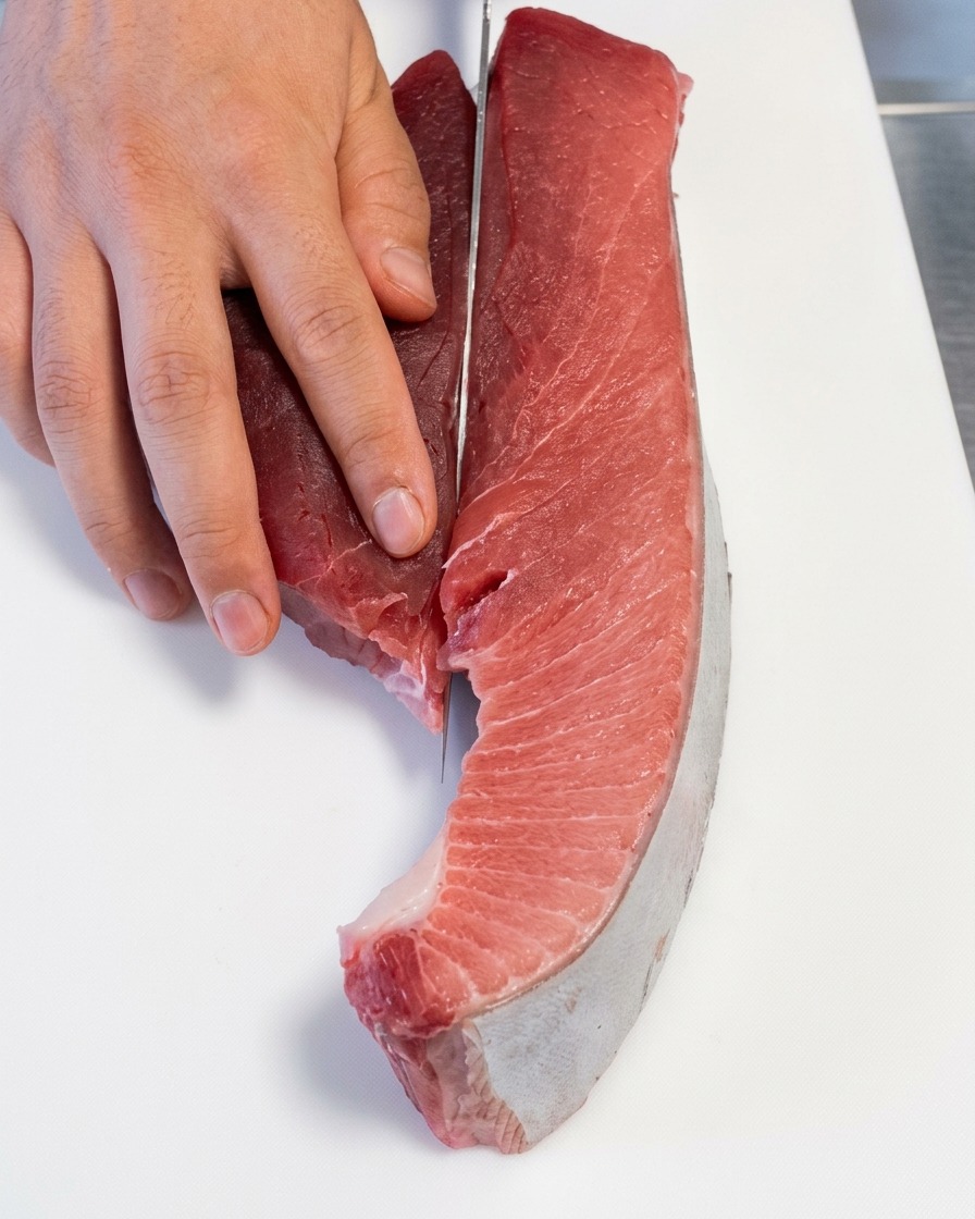 Die Hand eines Kochs schneidet mit einem dünnen Messer durch ein großes Stück rohen Thunfisch, um die dunkle Blutlinie vom helleren Fleisch zu trennen.