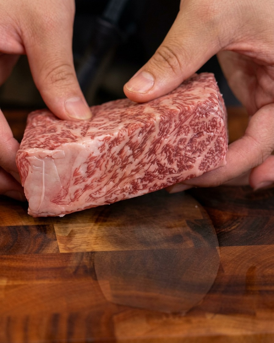 Eine Nahaufnahme von Händen, die ein dickes Stück rohes, marmoriertes Rindersteak halten, um die feine Fettmaserung zu zeigen.