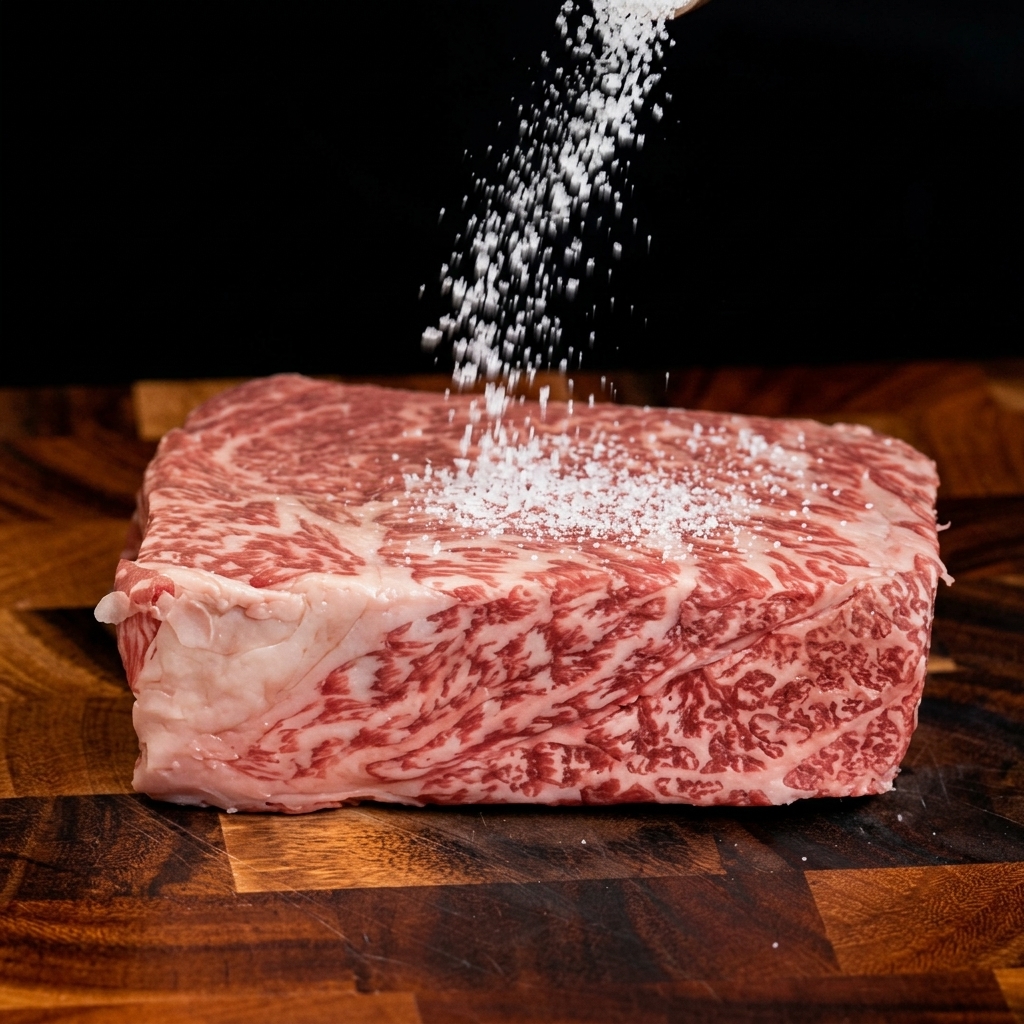 Grobe Salzflocken werden großzügig auf ein dickes, rohes, marmoriertes Rindersteak auf einem Holzbrett gestreut.