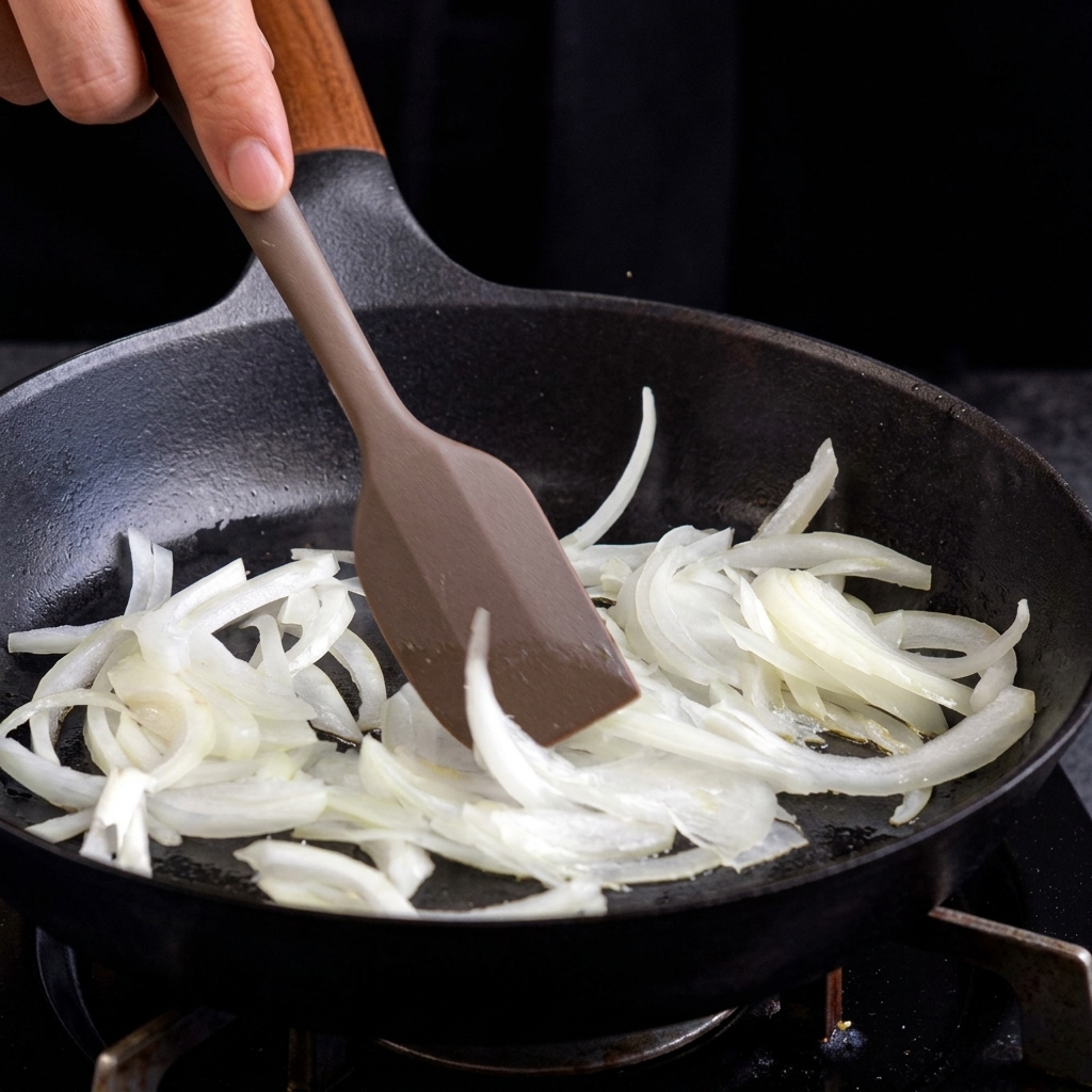 Weiße Zwiebelscheiben werden mit einem braunen Pfannenwender in einer heißen gusseisernen Pfanne angebraten.