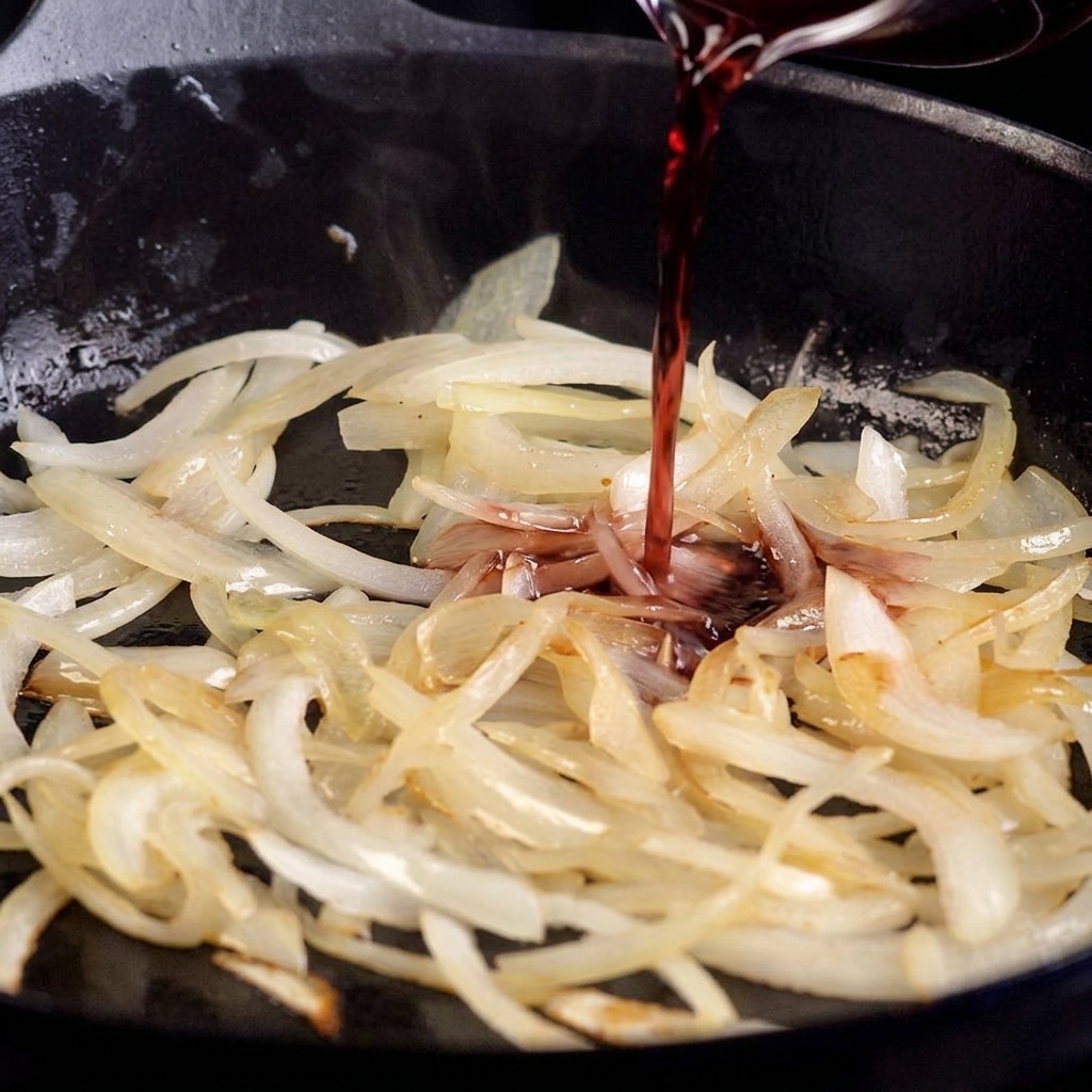 Ein Strahl Rotwein wird in eine Pfanne mit angebratenen weißen Zwiebeln gegossen, um den Karamellisierungsprozess zu starten.