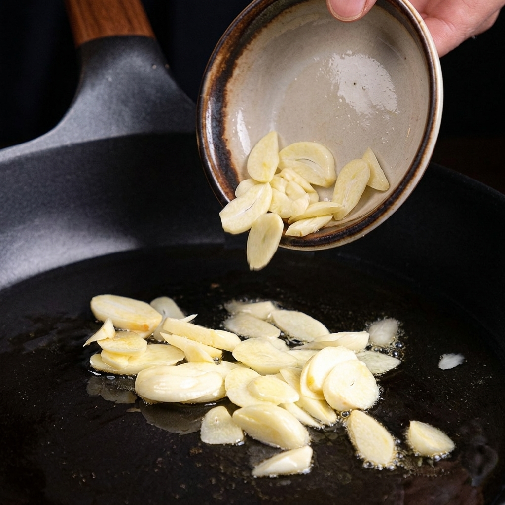 Rohe Knoblauchscheiben werden aus einer kleinen Schüssel in eine heiße Pfanne mit Öl zum Frittieren gegeben.